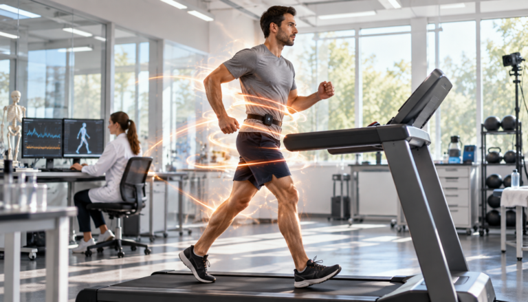 Editorial illustration of a volunteer walking on a treadmill with a motion sensor in a human performance lab