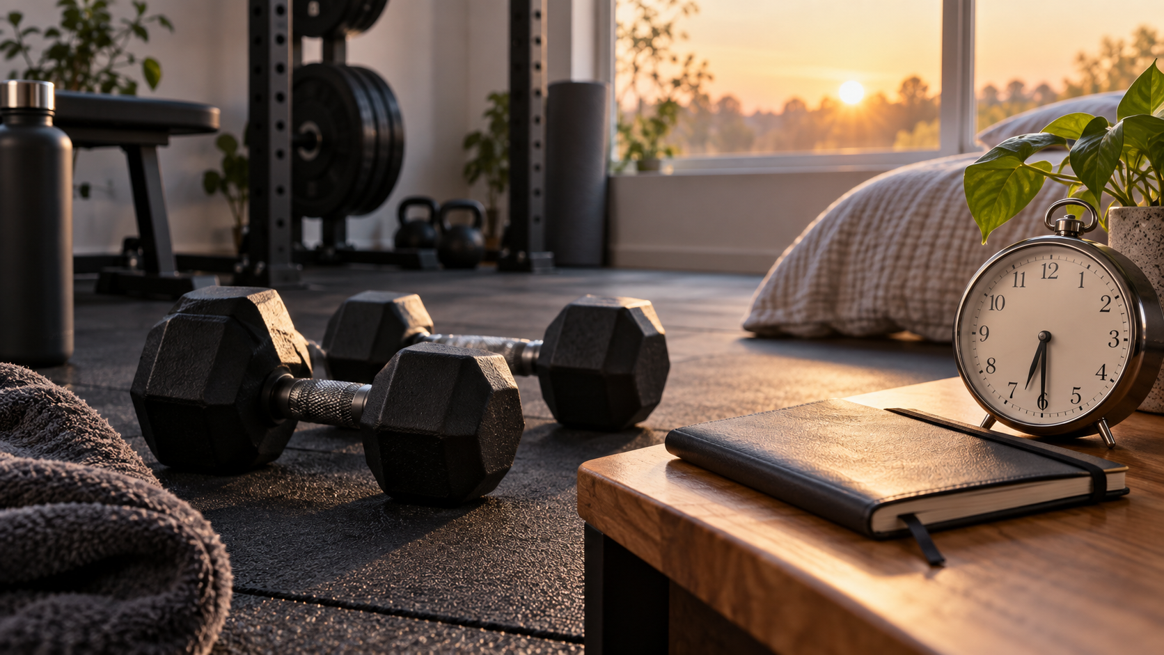 Dumbbells and a training journal beside an alarm clock in a calm home gym at sunrise
