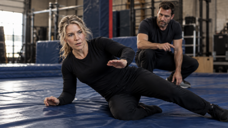 Editorial illustration of a blonde actor practicing controlled movement on blue stunt mats with a trainer nearby