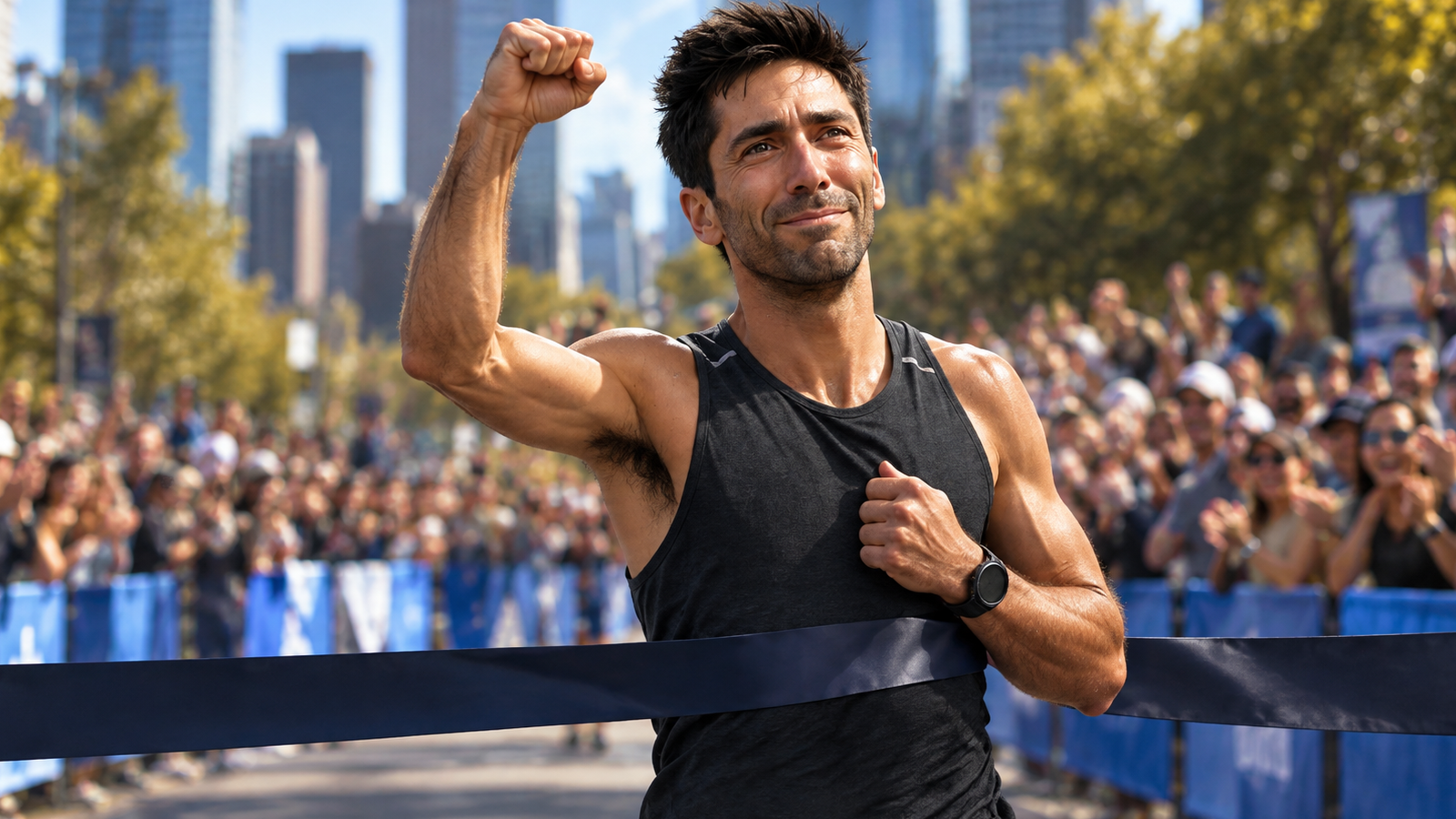 AI editorial reconstruction of a marathon runner in a dark sleeveless top raising a fist near the finish line