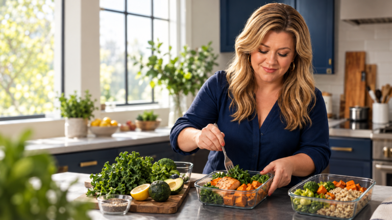 Editorial illustration of a blonde singer preparing a balanced meal in a home kitchen
