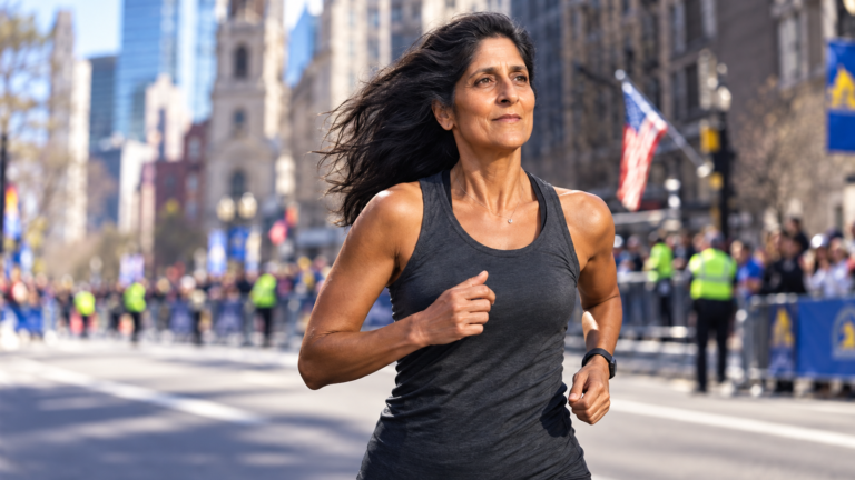 Editorial illustration of a dark-haired woman running on a city marathon course