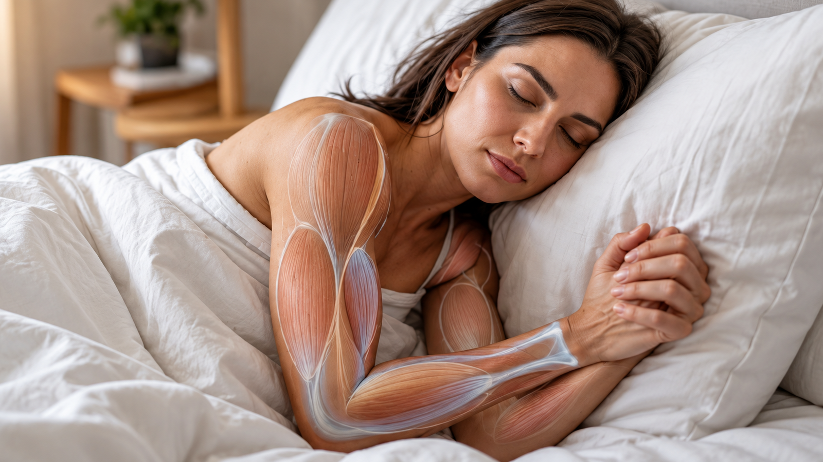 AI editorial illustration of a woman sleeping on her side with subtle muscle anatomy detail on her arm