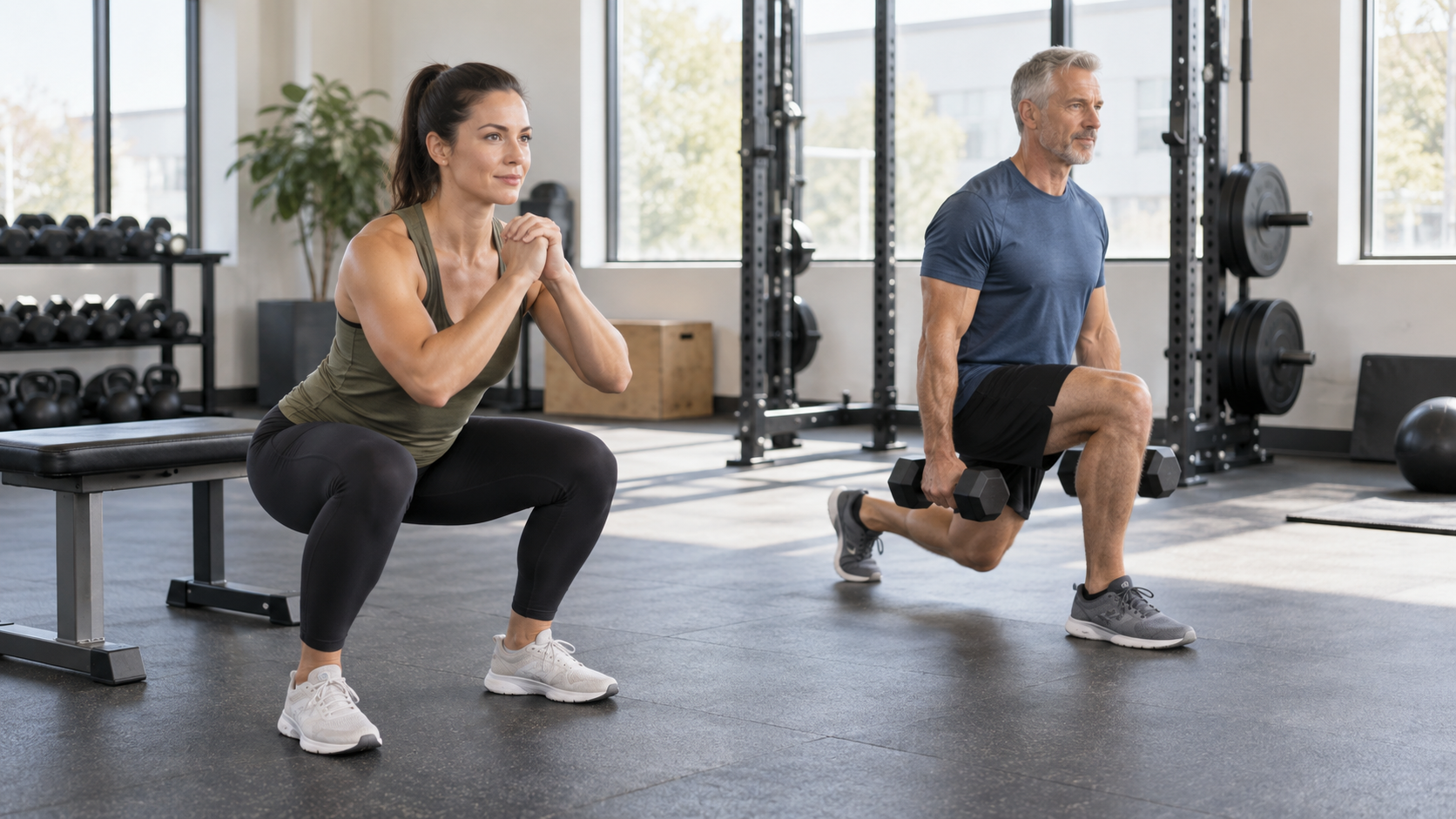 Two adults practice a bodyweight squat and dumbbell lunge in a bright gym