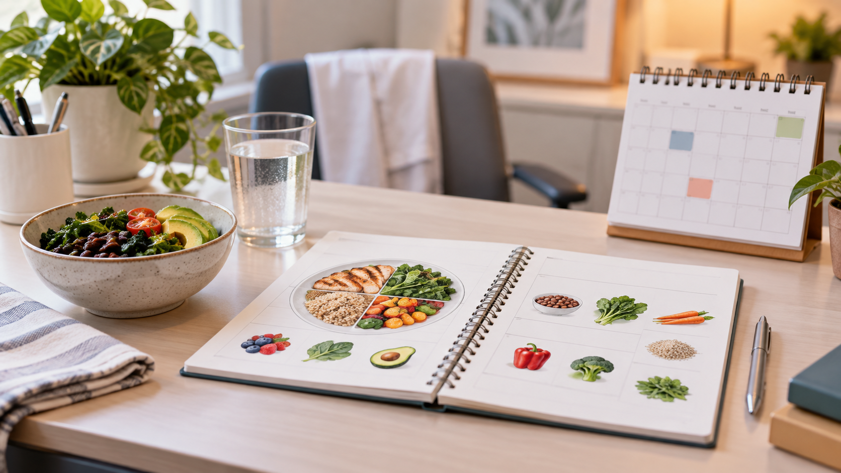 A balanced meal planning notebook, water, and a follow-up calendar on a dietitian’s desk