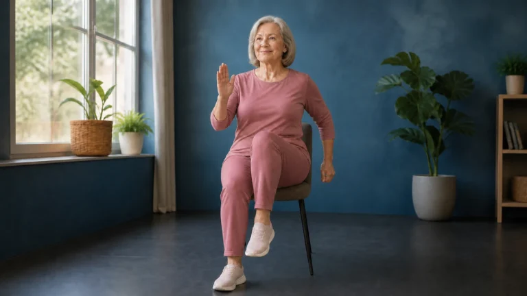 Older woman performing a seated marching movement beside a window