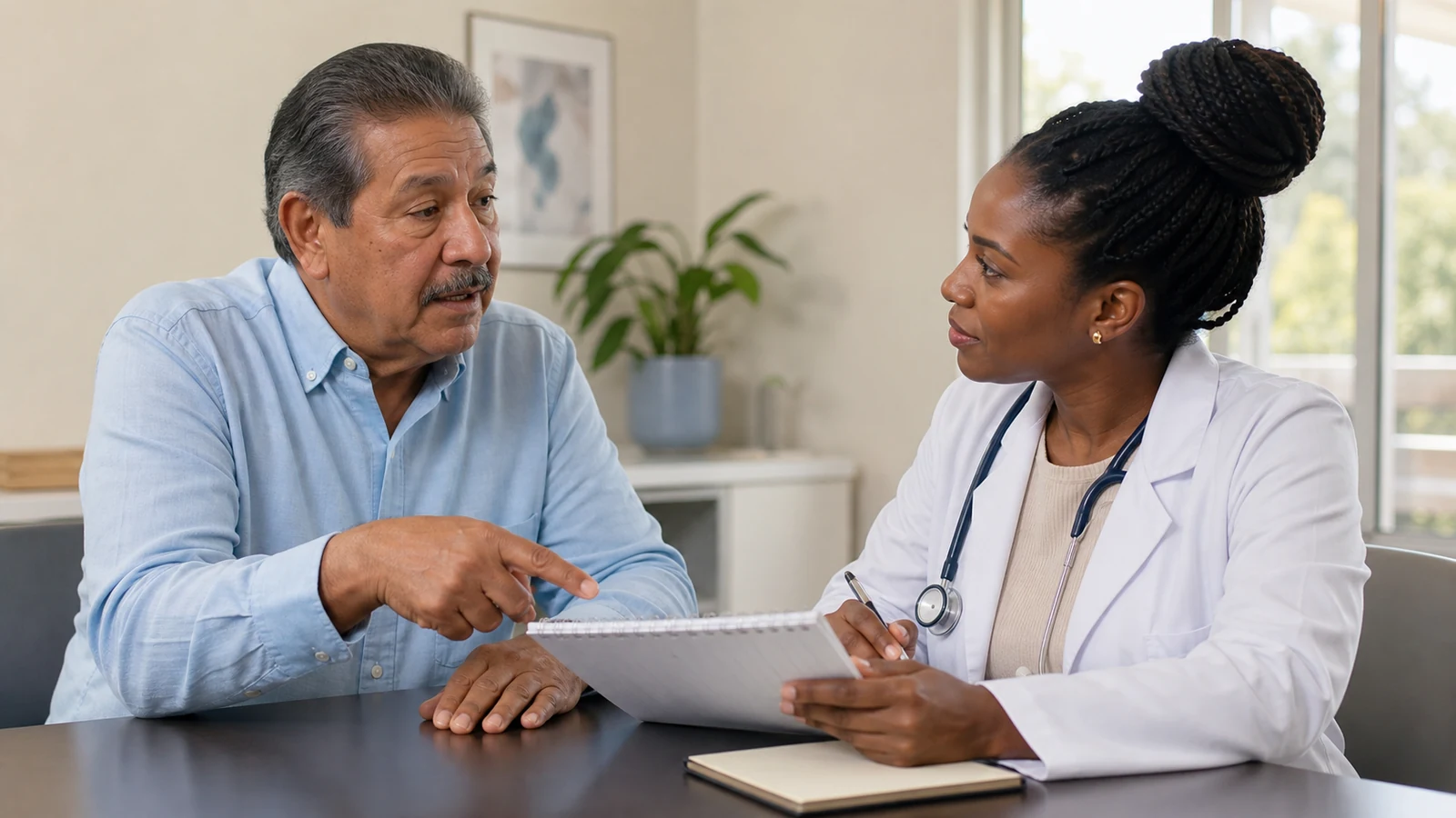 Older man reviewing a home blood-pressure log with a clinician
