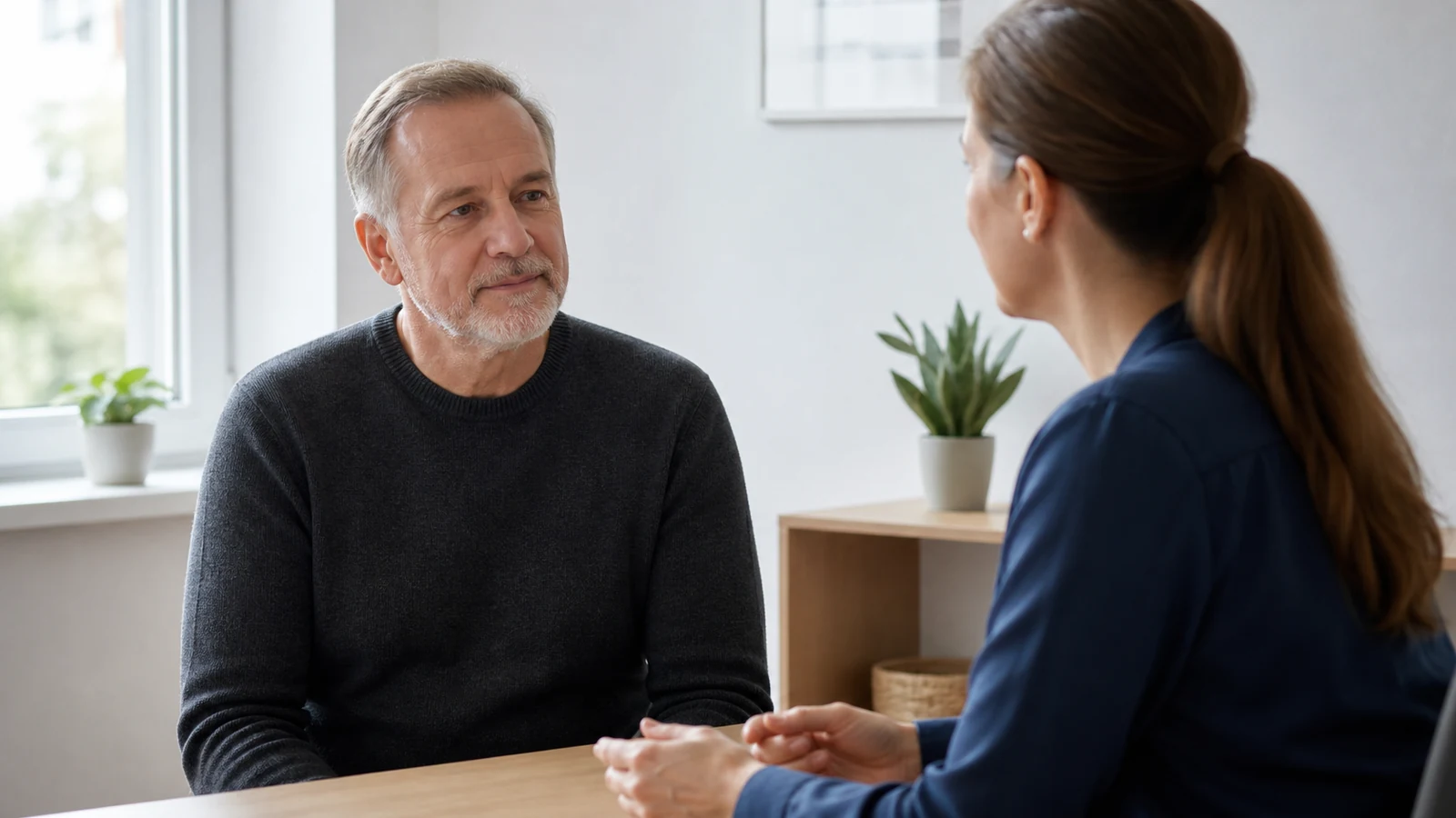 Adult discussing an individualized exercise plan with a clinician in a consultation room.