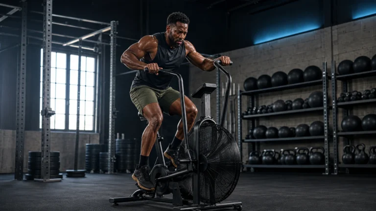 Man training on an air bike in a gym