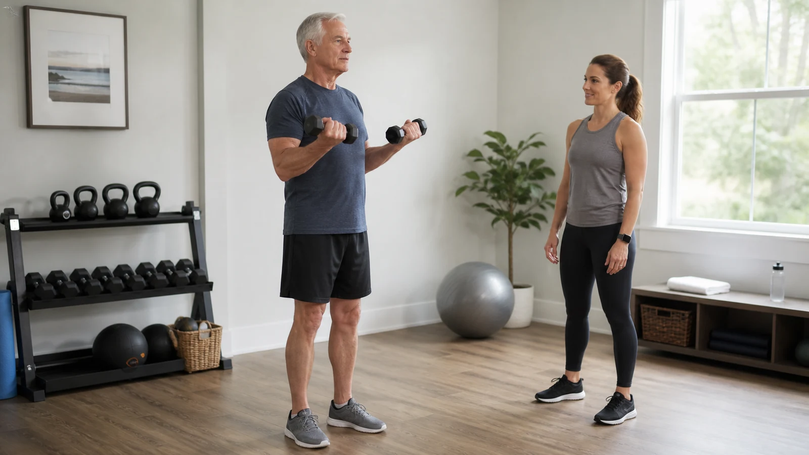 Older adult practicing a light dumbbell curl with a trainer observing his technique.