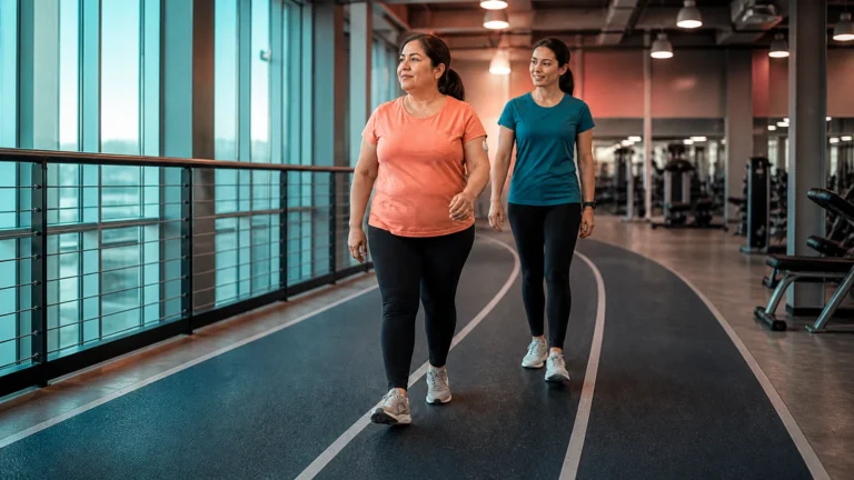 Two women walking on an indoor track, with a glucose sensor visible on the lead walker's upper arm