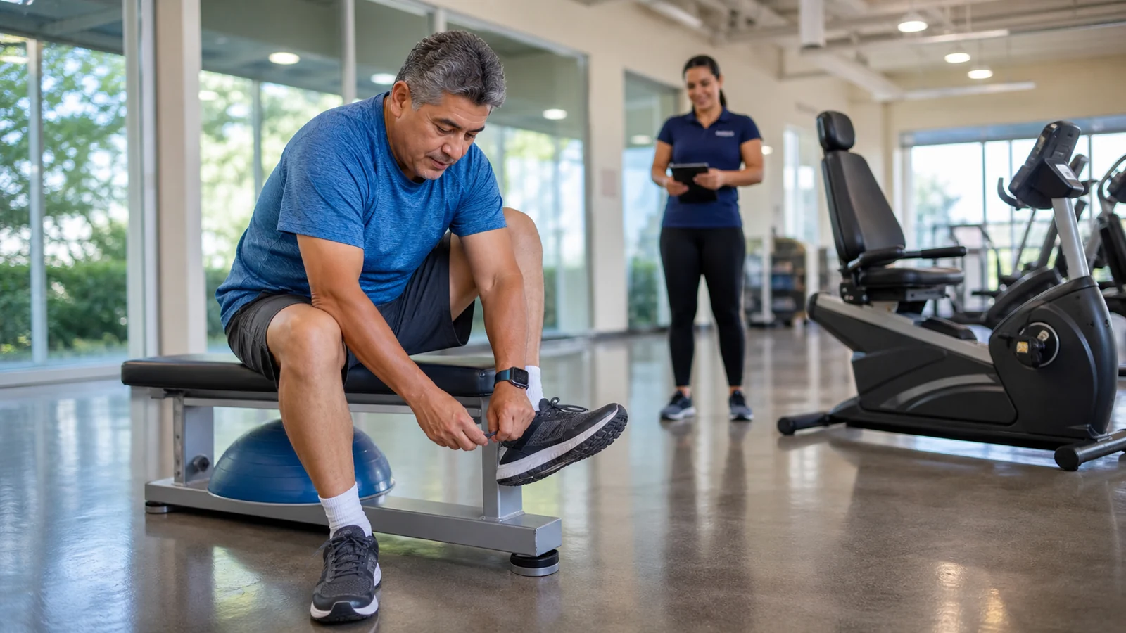 Middle-aged man lacing supportive athletic shoes beside a recumbent bike before low-impact exercise