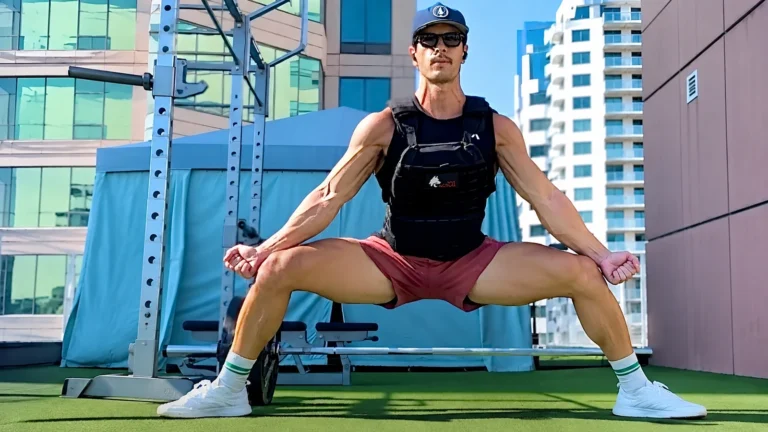 Man wearing a weighted vest holding a wide horse stance at an outdoor gym.