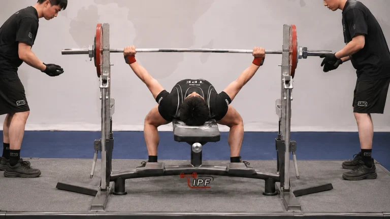 Fan Chun-Chia bench pressing at an IPF competition with two side spotters.