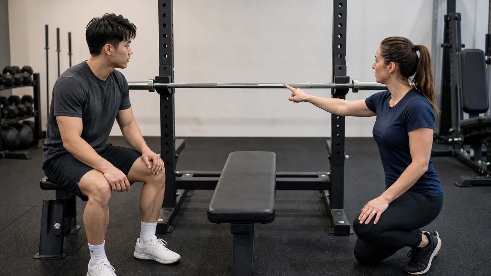 Lighter-weight recreational lifter discussing grip width on an empty bench bar with a coach.