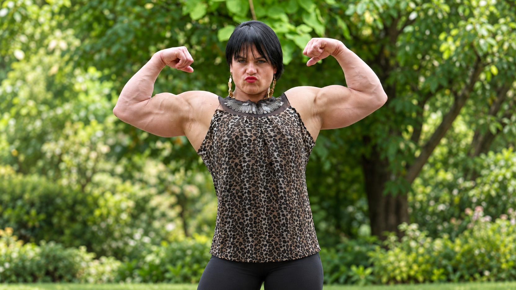 Strong woman flexing both arms outdoors; muscular appearance alone says nothing about steroid use