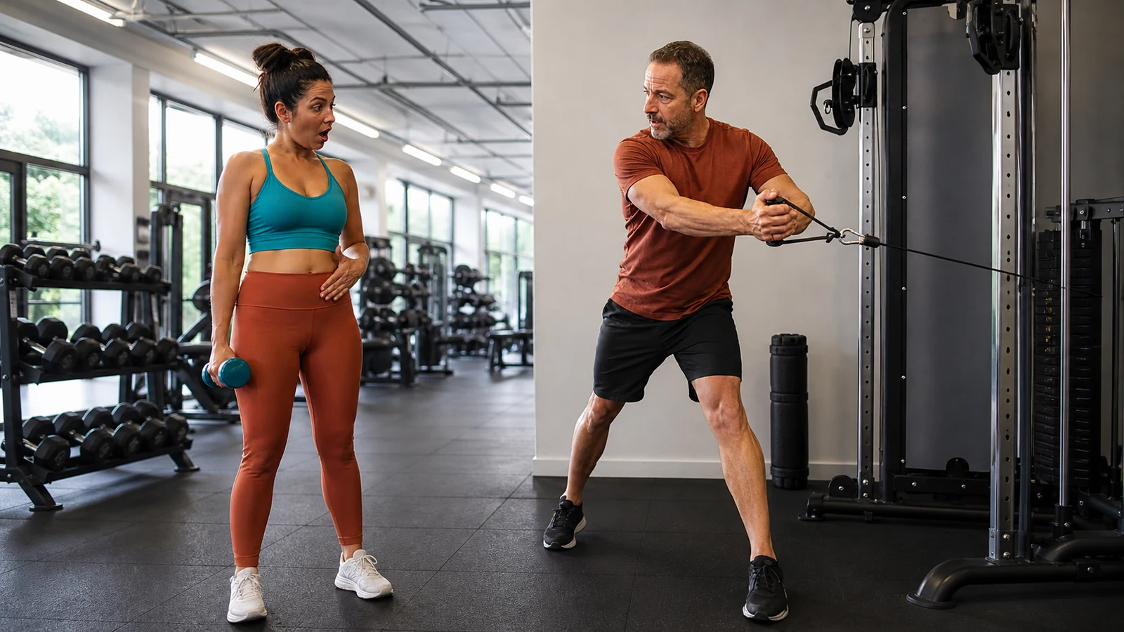 Woman with a dumbbell watches a man demonstrate a cable exercise in a gym