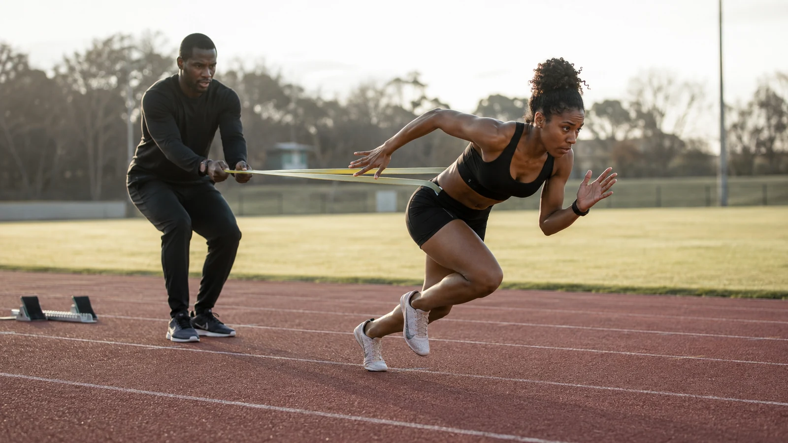 A female sprinter practices a short acceleration while a coach observes trackside