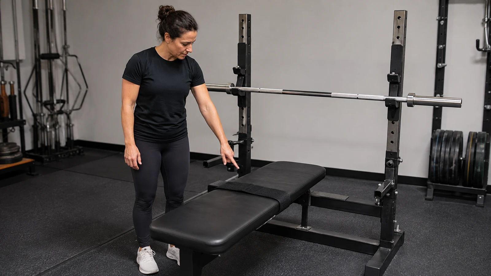 Adaptive-sport coach pointing to a single bench strap on an empty full-length powerlifting bench.