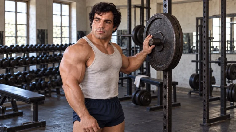 AI editorial reconstruction of Franco Columbu standing beside a barbell in a vintage gym.