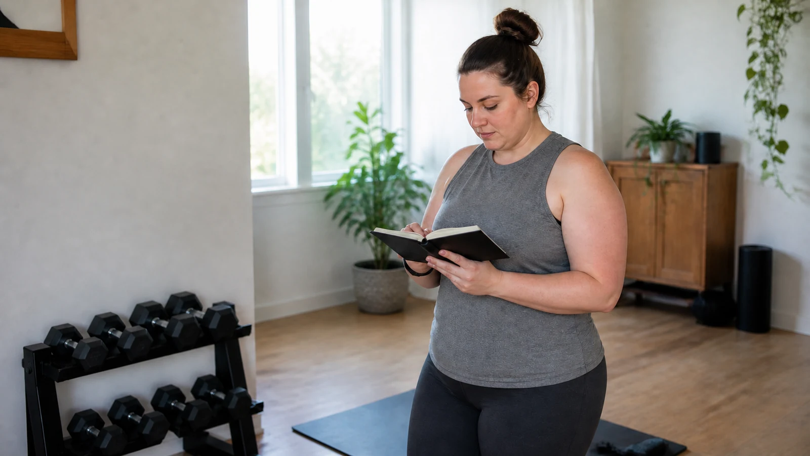 Illustrative woman recording a home strength session beside safely stored dumbbells.