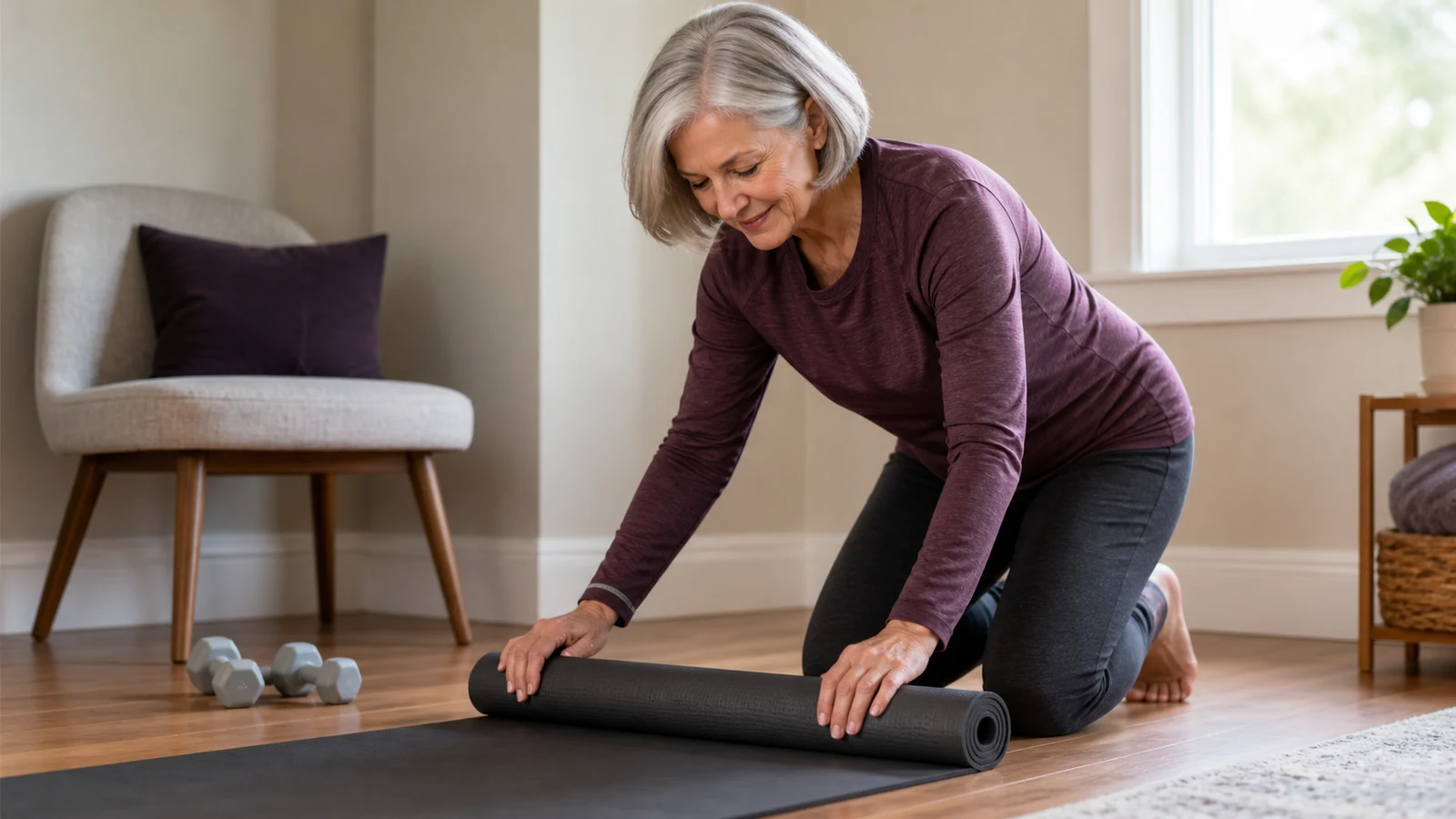 An older woman prepares a clear home exercise area with a mat and a pair of light dumbbells.