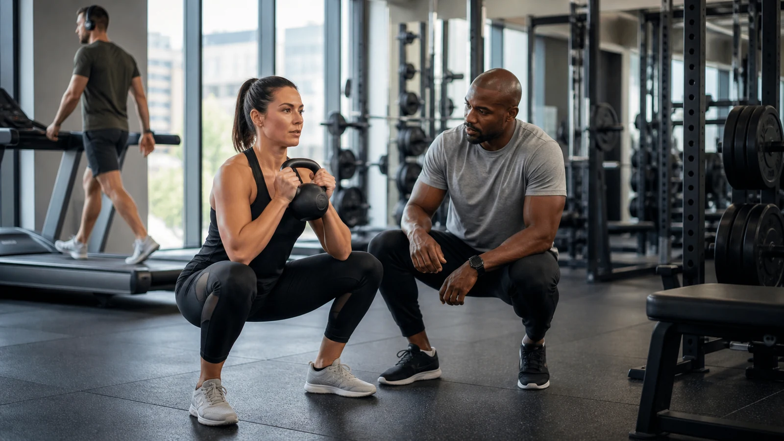 Woman performs a kettlebell goblet squat with a trainer while another adult walks on a treadmill