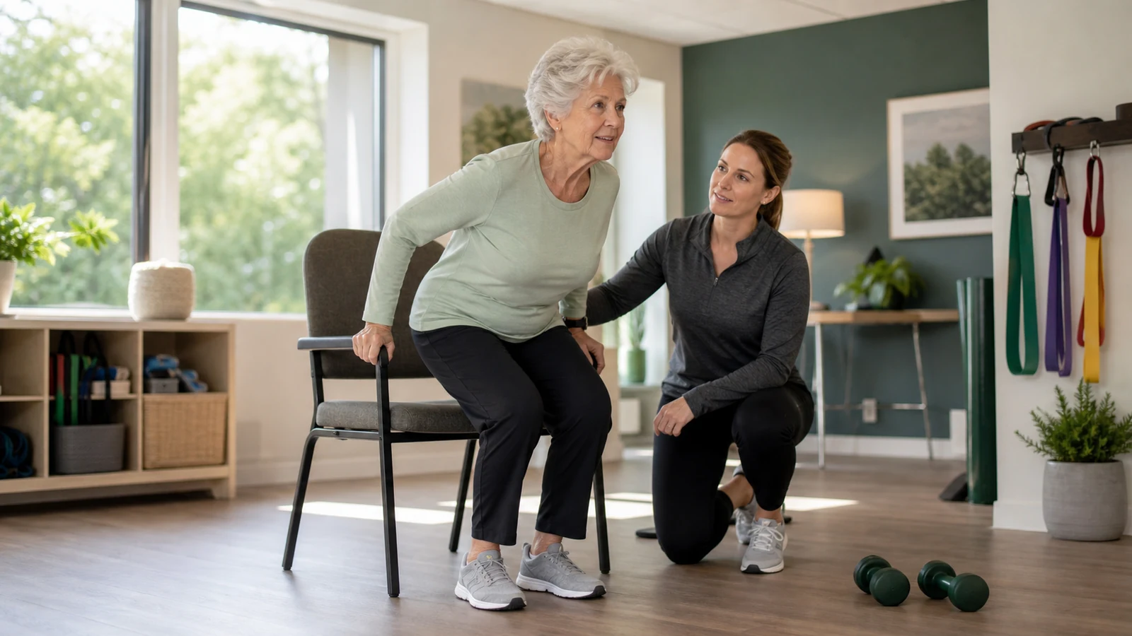 Physical therapist supervises an older woman rising from an armchair