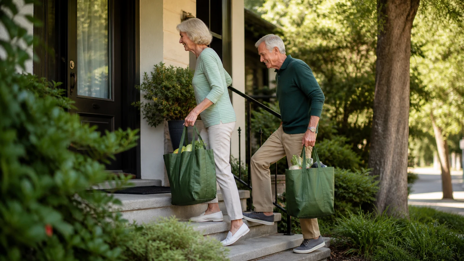 Older couple carries groceries up the steps to their home