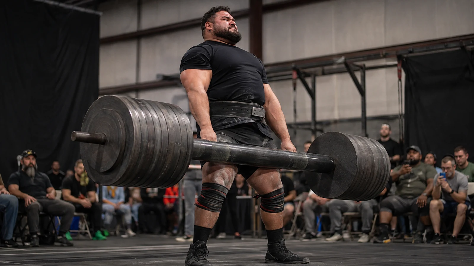 Gabriel Pena locking out a heavily loaded thick axle deadlift