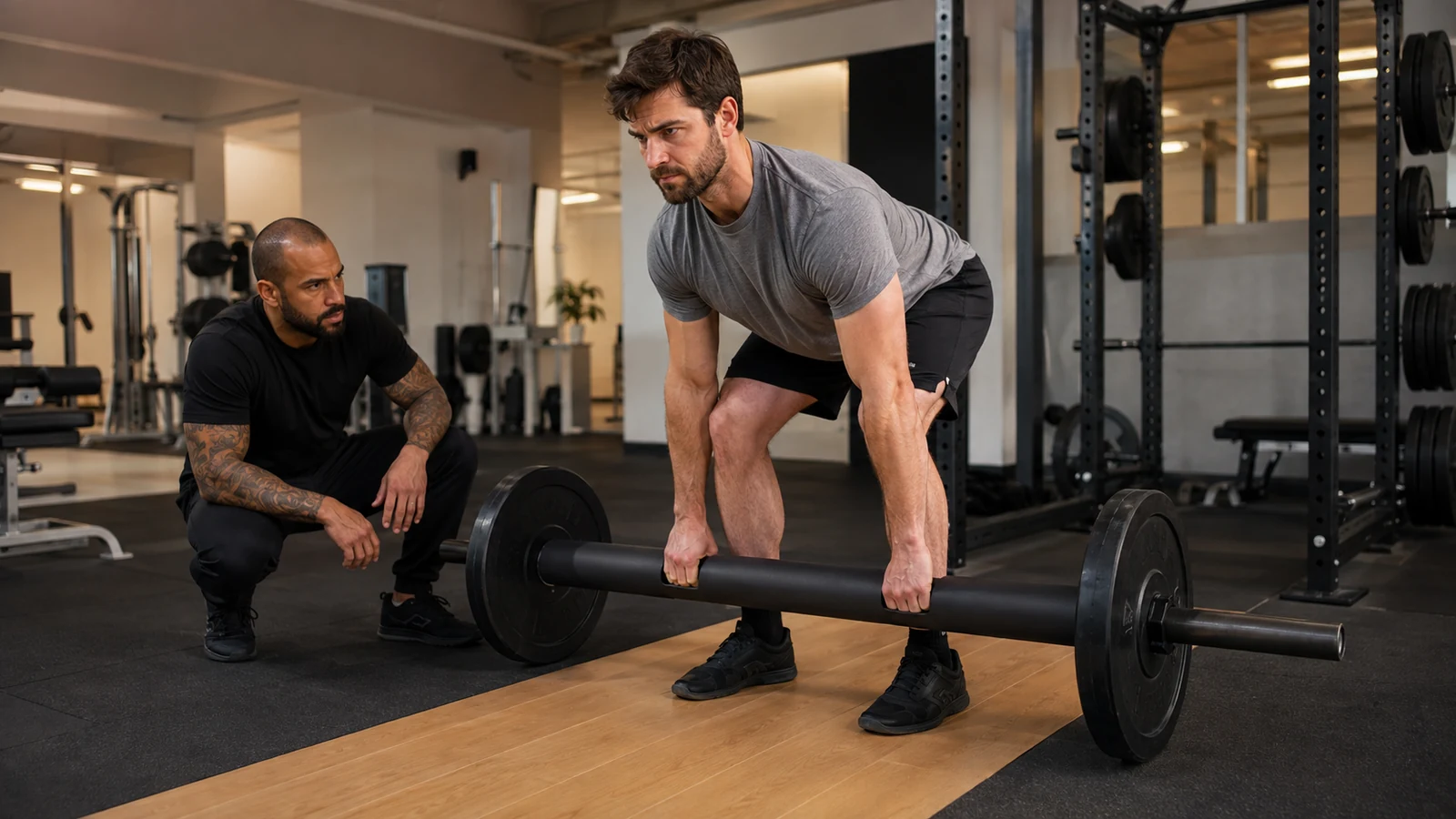 Recreational lifter practicing a moderate thick axle deadlift with a coach