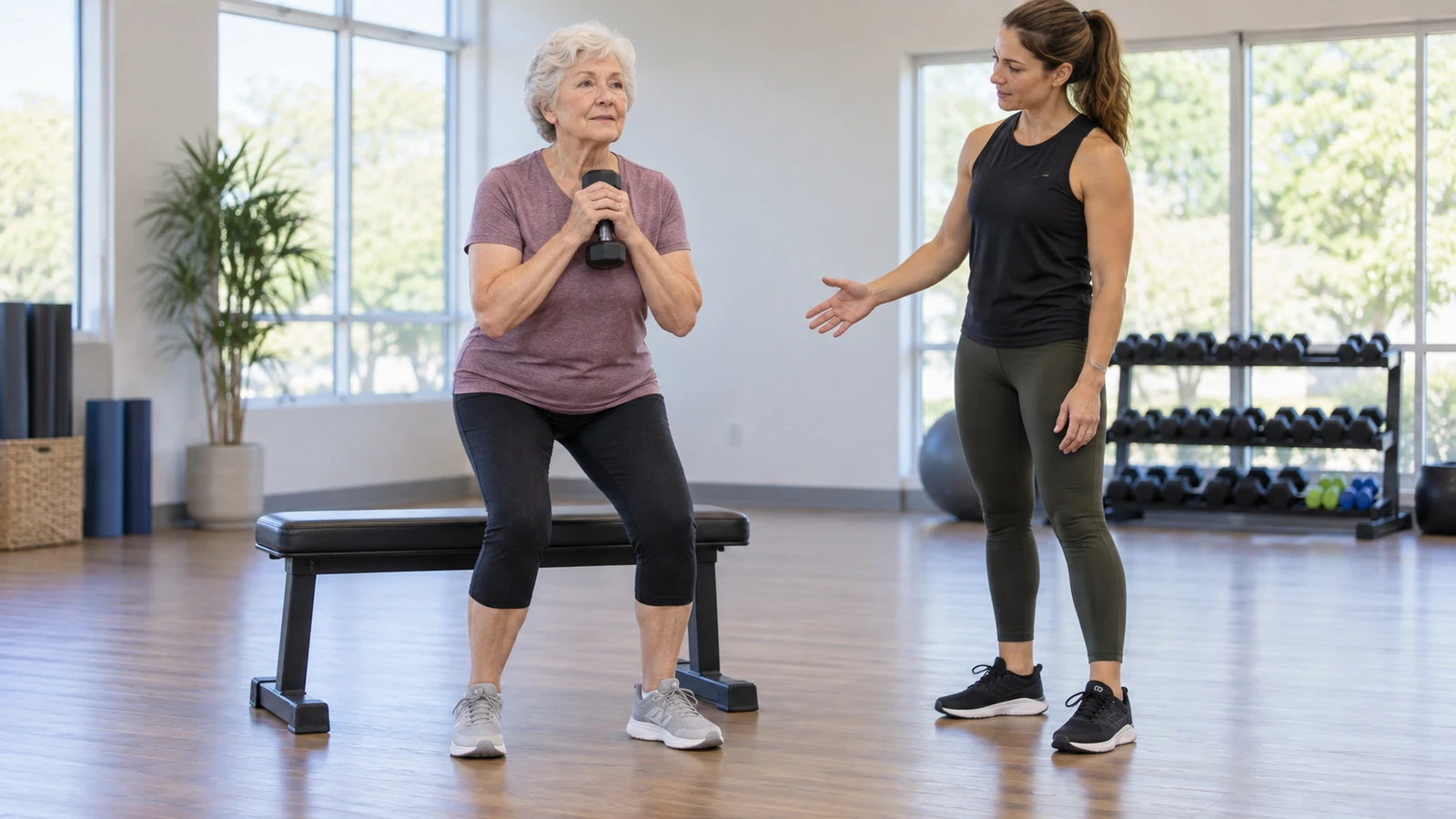 Generic older adult performing a light dumbbell sit-to-stand from a bench with a trainer nearby