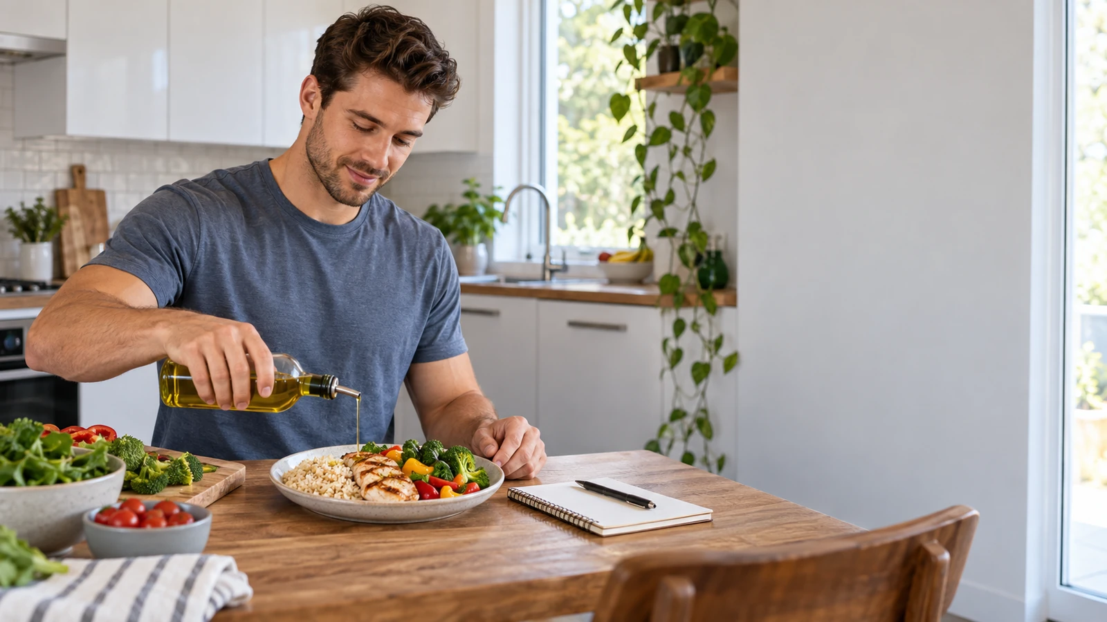 Generic recreational lifter preparing a balanced meal and checking a blank planning notebook