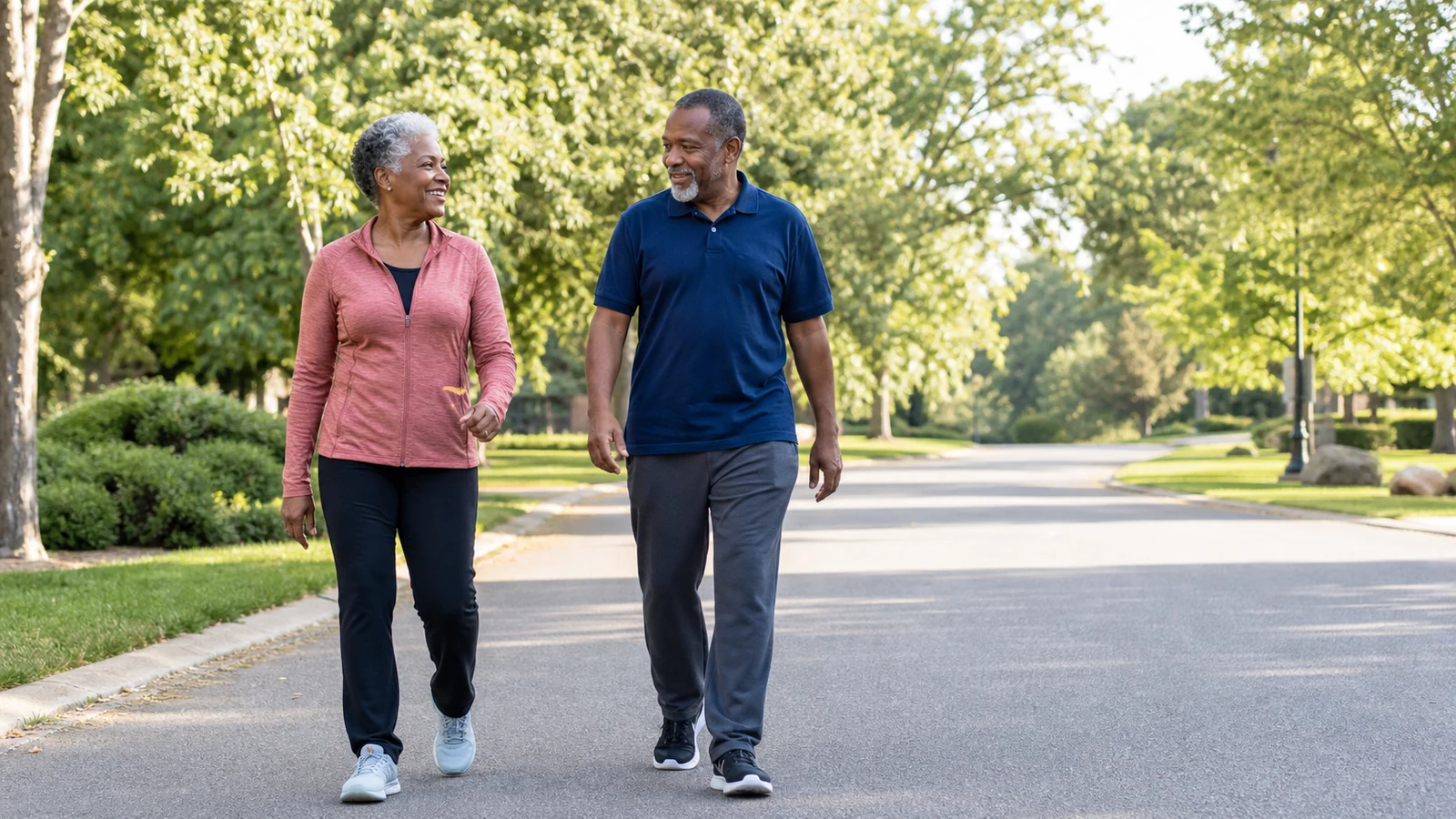 Older adult couple walking comfortably together on a clear, level park path.