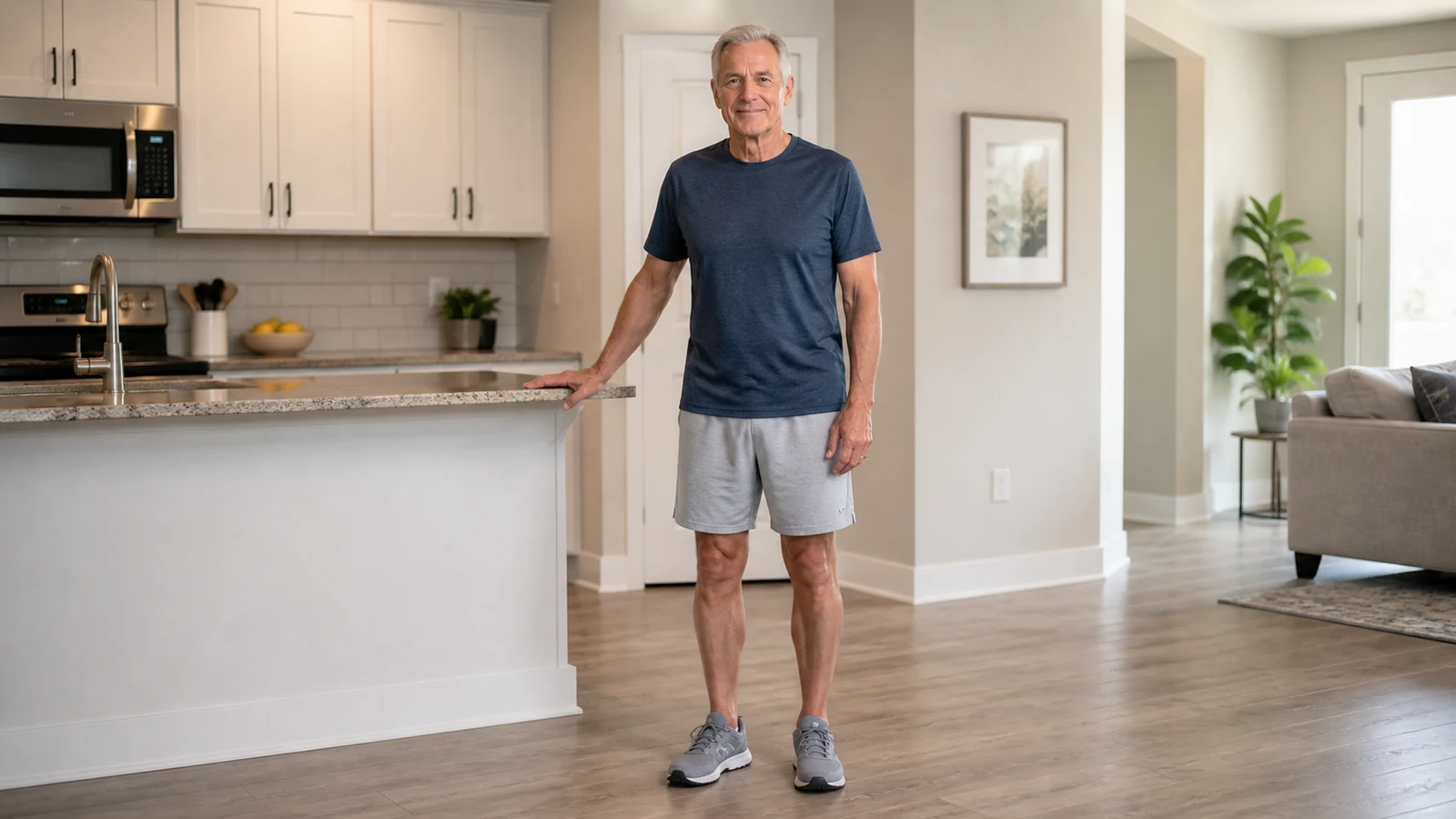 Older man standing beside a fixed counter with clear floor space for gentle exercise.