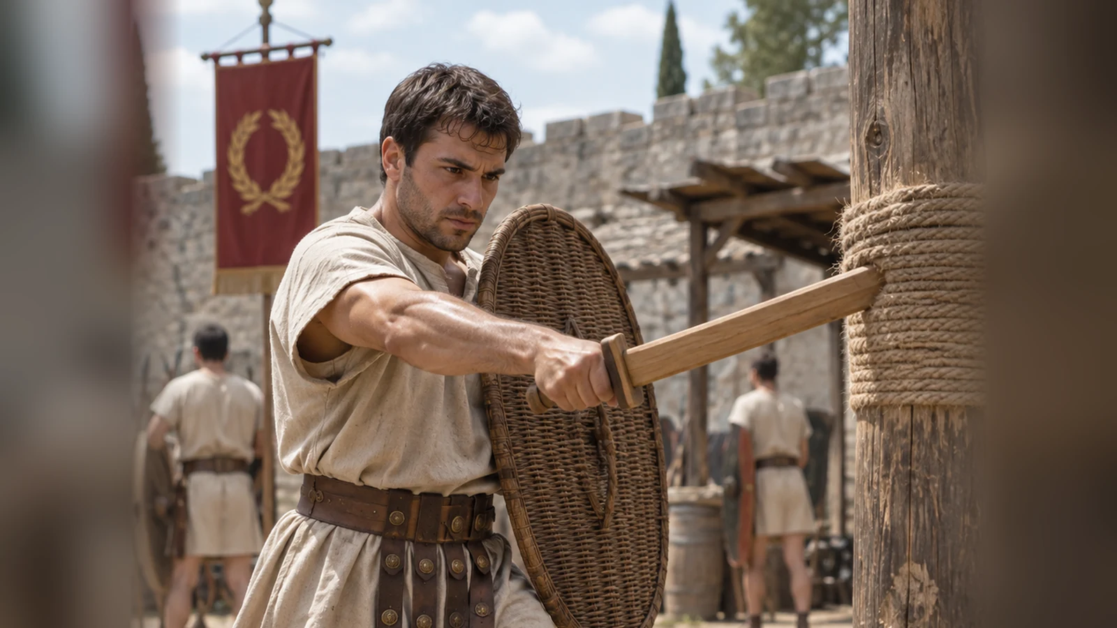 Editorial illustration of a man in a tunic holding a wooden practice implement and wicker shield beside a fixed post.
