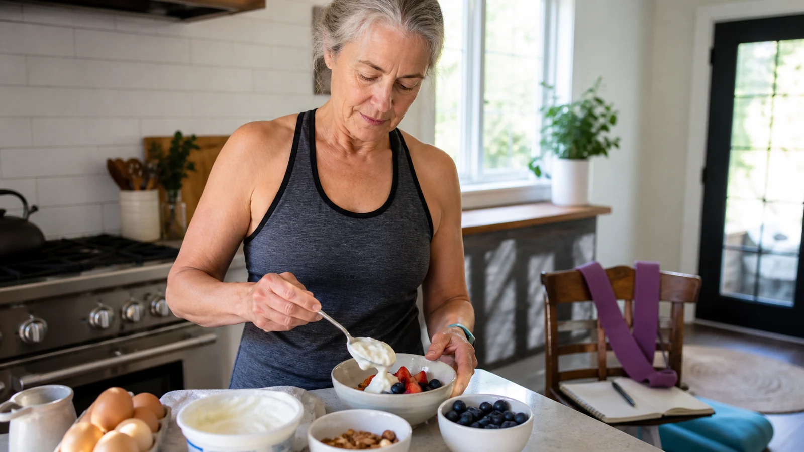 Older woman preparing a protein-rich breakfast with a resistance band and workout log nearby