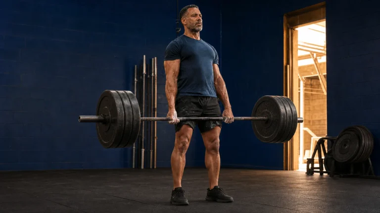 Middle-aged man holding a loaded barbell in a dark blue gym.