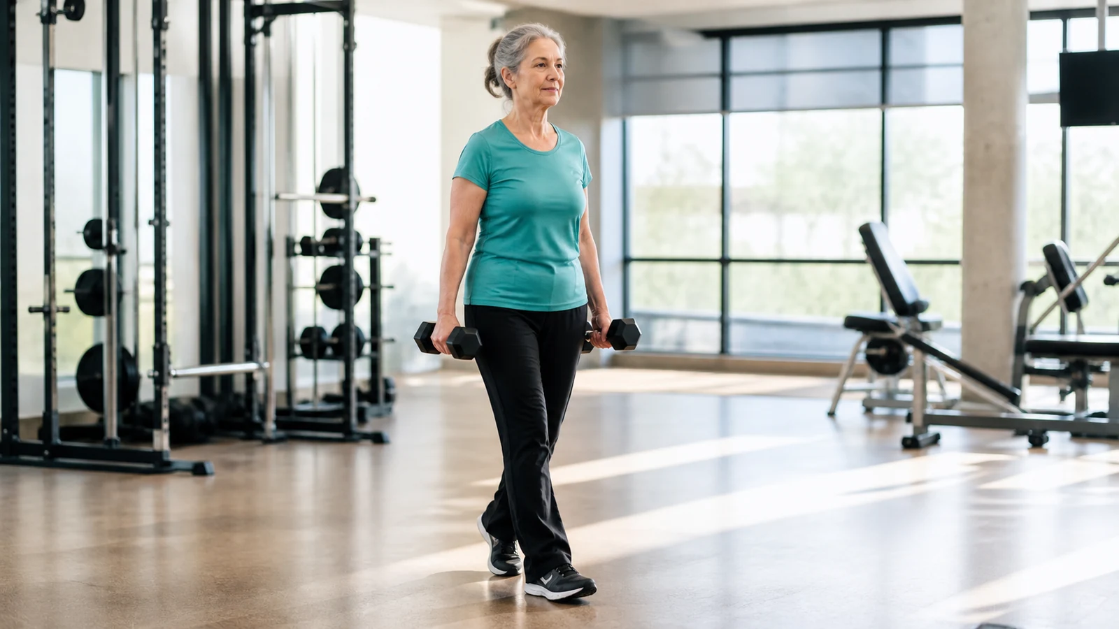 Older woman carrying two moderate dumbbells across a bright gym floor.