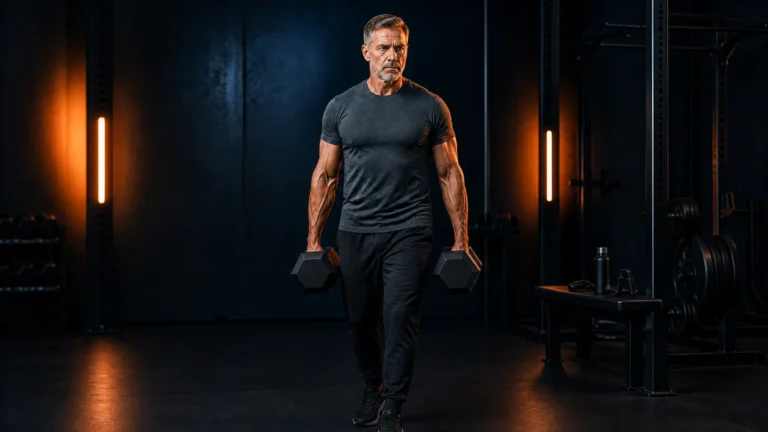 Gray-haired man holds two hex dumbbells at his sides in a dark gym.