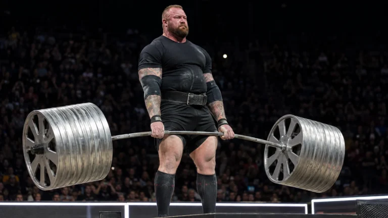Hafthor Bjornsson locking out a long elephant bar loaded with wagon-wheel plates