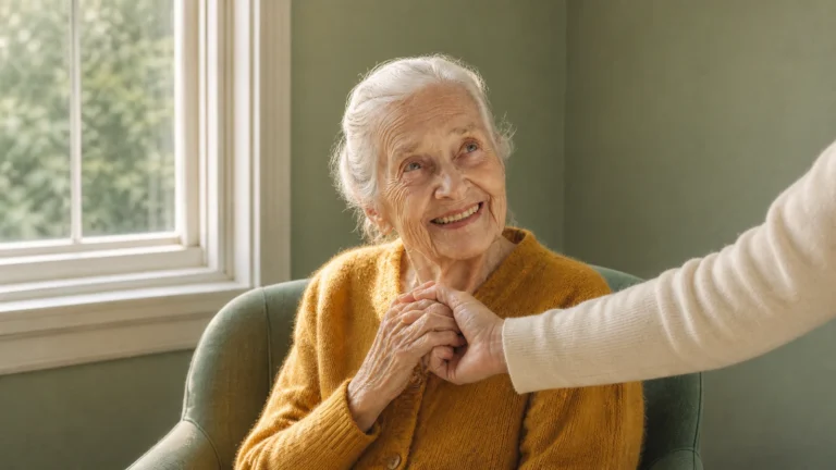 An elderly woman in a mustard cardigan sharing a warm moment of hand contact by a window.