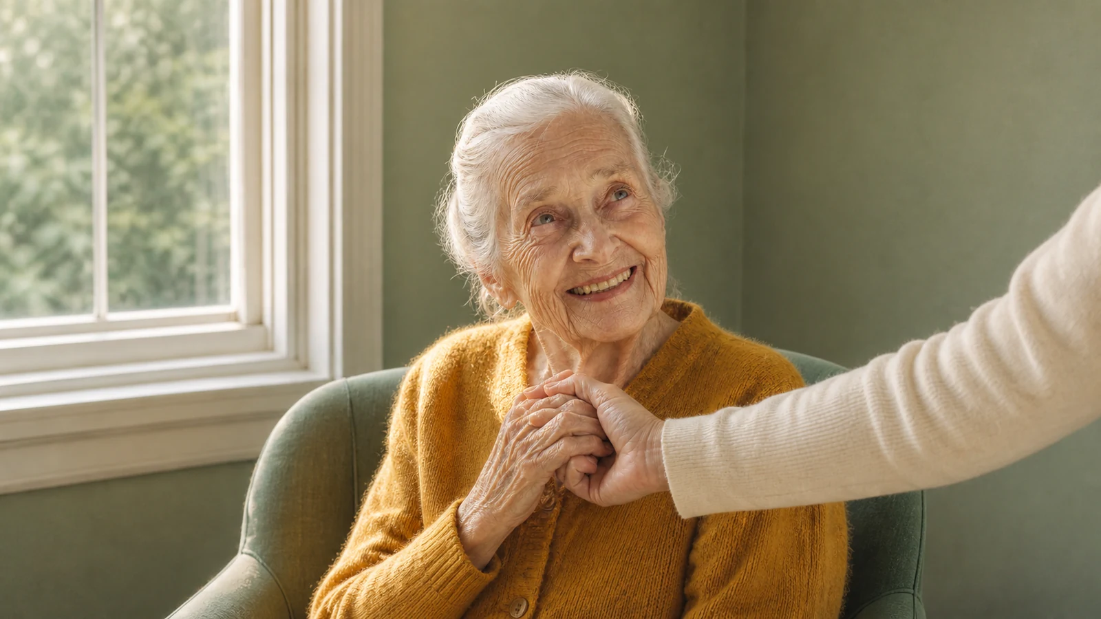 An elderly woman in a mustard cardigan sharing a warm moment of hand contact by a window.