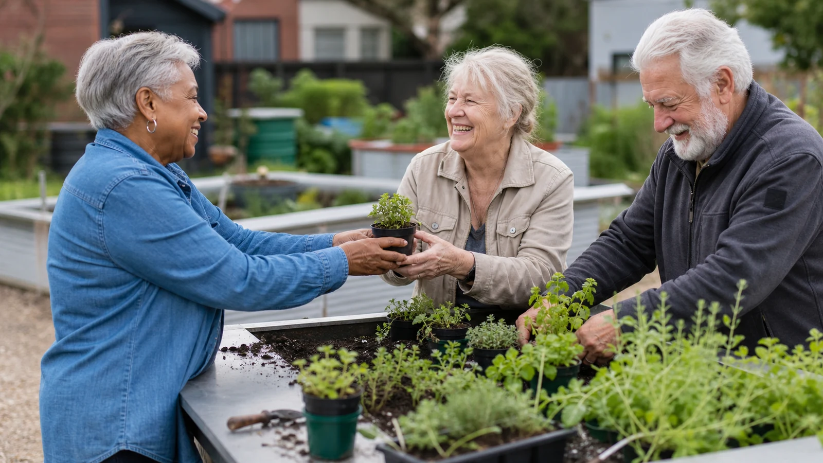 Illustrative older adults potting seedlings together at an accessible community garden.