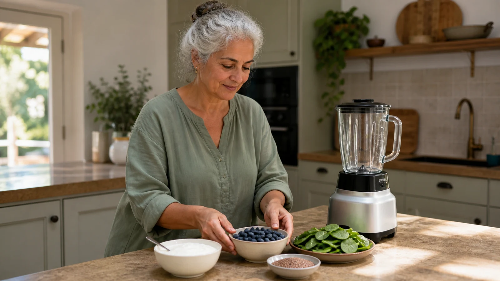 Older woman arranging yogurt, berries, leafy greens and ground flax beside an unplugged blender in her kitchen.