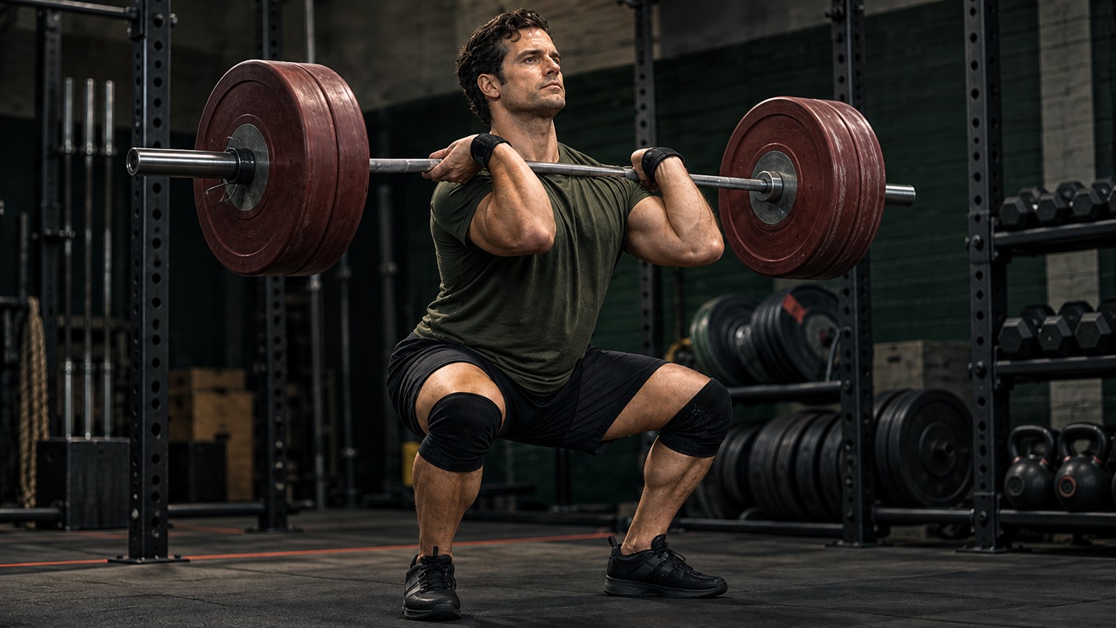 Editorial strength-training illustration inspired by Henry Cavill performing a front squat in a dark gym.