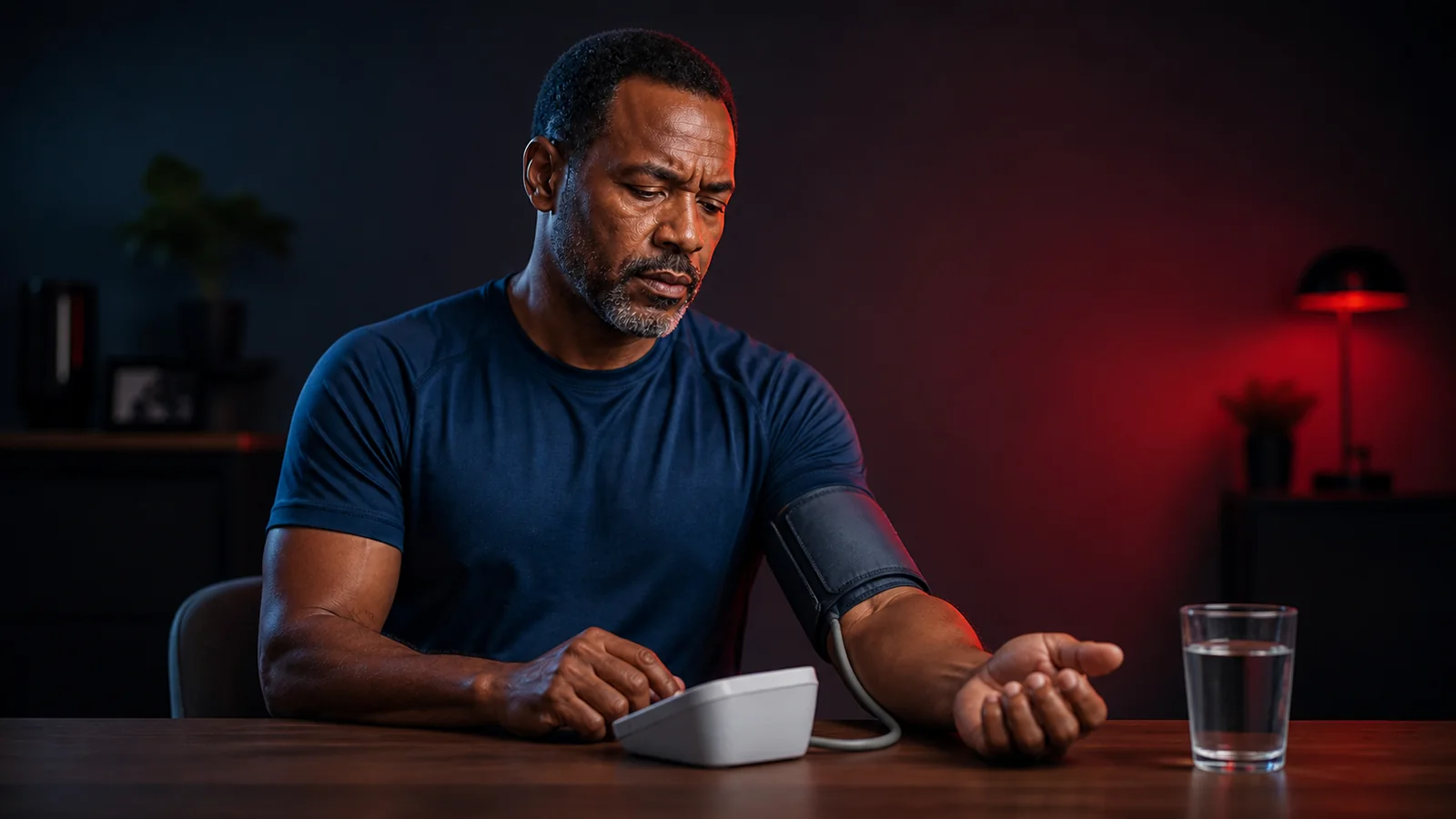 Man checks his blood pressure at home with an upper-arm cuff