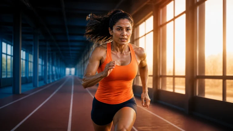 Woman in an orange top running on an indoor track beside sunlit windows.