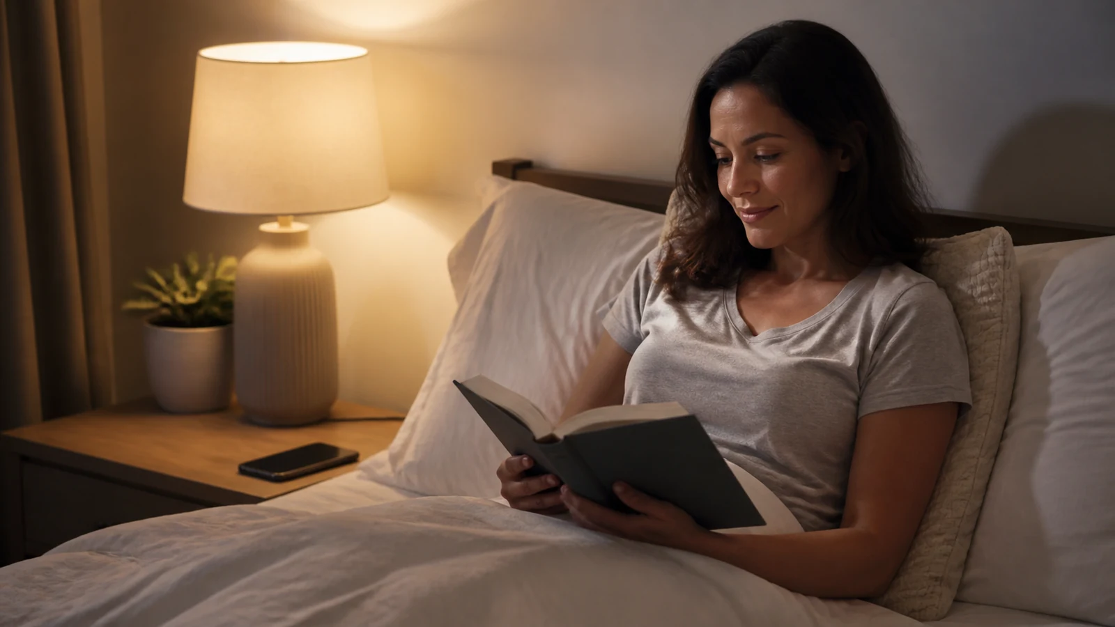 Adult reading a book in a softly lit bedroom with a phone put aside for the evening.