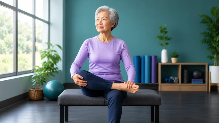 Older woman seated on a therapy bench doing a figure-four hip stretch in a bright exercise room; AI editorial reconstruction of the Facebook creative.